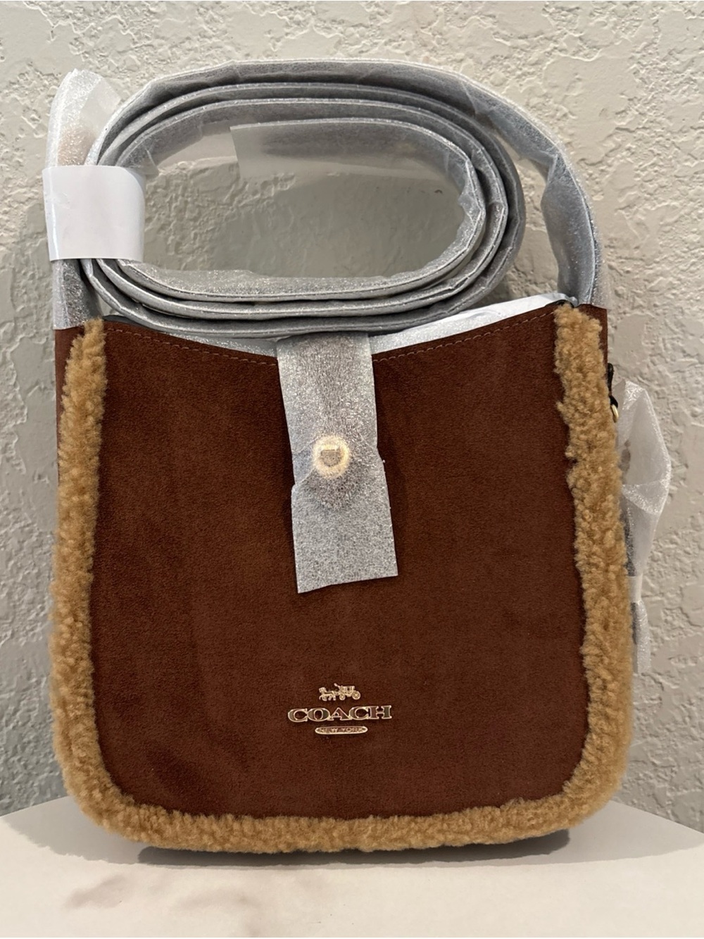 NWT COACH Brown Suede Crossbody with Tan Shearling Trim
